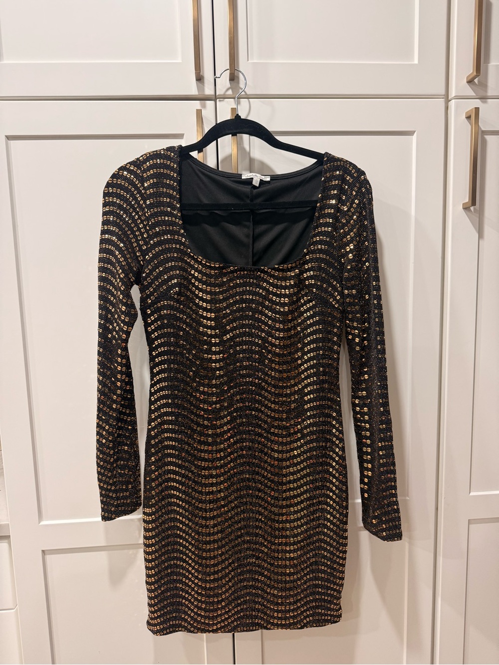 Charlotte Russe Black Dress with Gold Sequin Wave Pattern - Long Sleeve